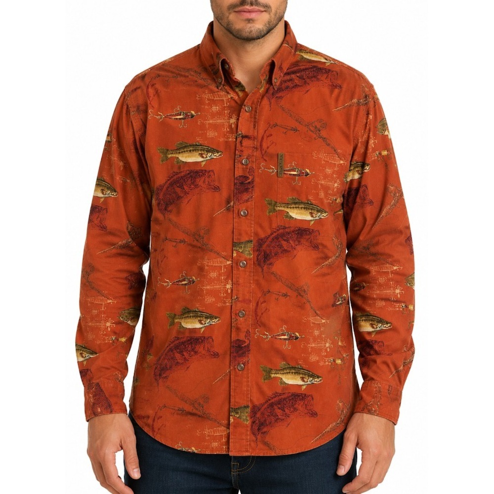 North River Outfitters Fishing Shirt L Orange Fish Lure Print Button Up Cotton